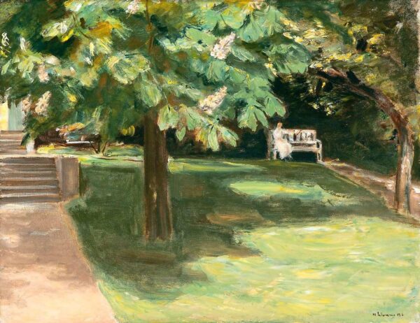 Banc de jardin sous le marronnier – châtaignes fleurissant – Max Liebermann Max Liebermann 85x75