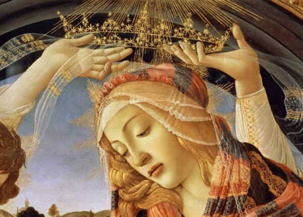 La Madone du Magnificat, détail du visage et de la couronne de la Vierge, 1482 (tempera sur panneau) – Sandro Botticelli Sandro Botticelli 105x70