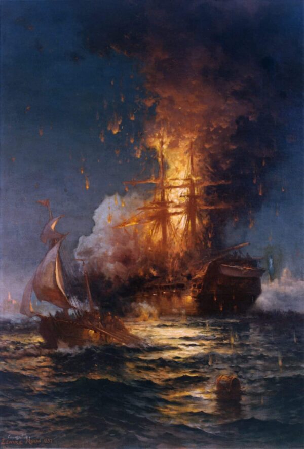 Incendie de la frégate Philadelphia dans le port de Tripoli – Edward Moran Edward Moran