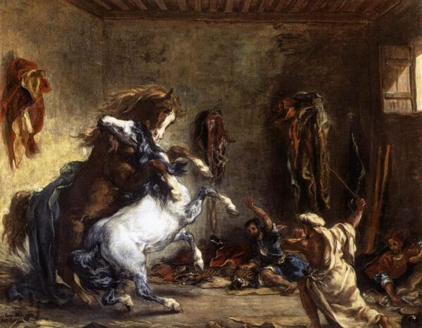 Cheval arabe combattant dans une écurie – Eugène Delacroix Eugène Delacroix 85x75