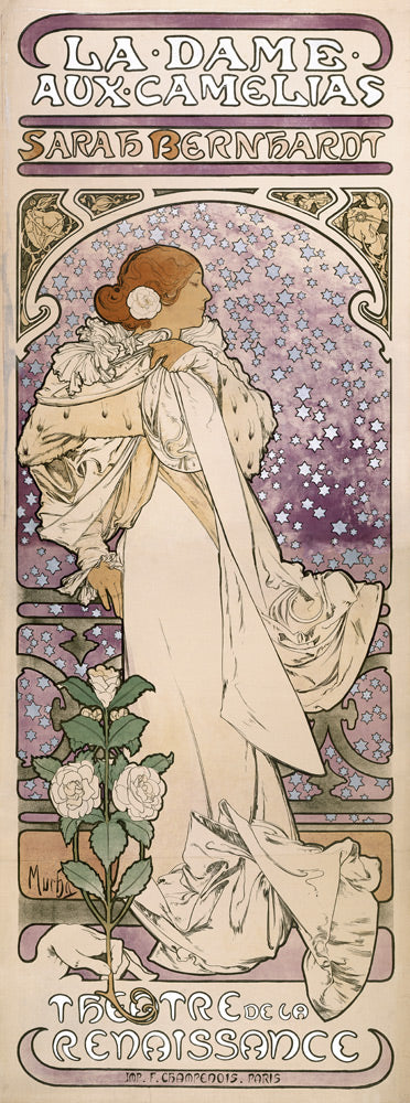 Affiche de la pièce La Dame aux Camélias de A. Dumas au Théâtre de la Renaissanse – Mucha Alphonse Mucha 60x180