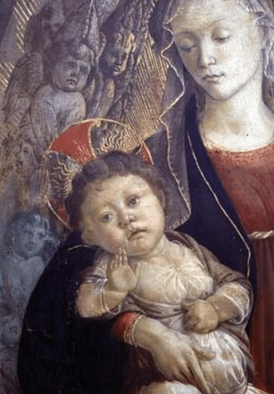 La Vierge et l’Enfant en gloire, détail de l’Enfant, 1468 (tempera sur panneau) (détail de 85673) – Sandro Botticelli Sandro Botticelli 70x105