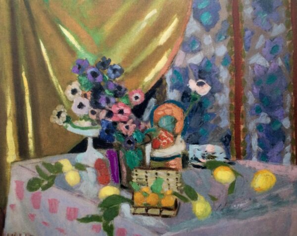 Nature morte Nappe rose Vase d’anémones Citrons et ananas – Matisse Henri Matisse 85x75