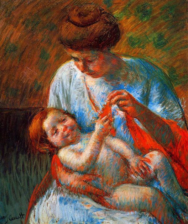 Bébé allongé sur les genoux de sa mère, tendant la main pour tenir un foulard – Mary Cassatt Mary Cassatt 70x85