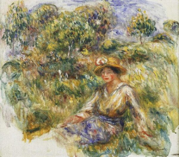 Femme avec un chapeau bleu sur une prairie (Femme en bleu en chapeau assise sur l’herbe) – Pierre-Auguste Renoir Pierre-Auguste Renoir 85x75