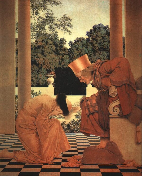 Lady Ursula à genoux devant Pompdebile (extrait de The Knave of Hearts) – Maxfield Parrish Maxfield Parrish