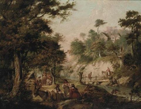 UN PAYSAGE BOISÉ AVEC DES GITANS À L’EXTÉRIEUR D’UNE TENTE, DES PERSONNAGES SUR UN PONT EN BOIS, ET UNE MAISON AU-DELÀ – Nicolas Bernard Lépicié Nicolas Bernard Lépicié 85x75