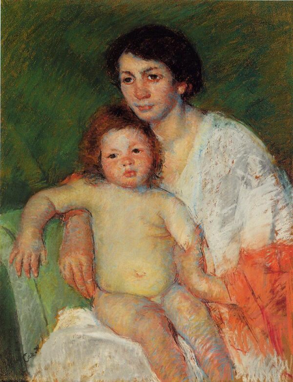 Bébé nu sur les genoux de sa mère, le bras posé sur le dossier de la chaise – Mary Cassatt Mary Cassatt 70x85