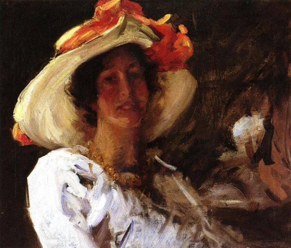 Portrait of Clara Stephens Wearing a Hat with an Orange Ribbon – William Merritt Chase William Merritt Chase 70x85