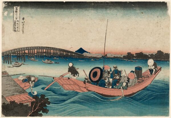 hokusai contemplant le coucher de soleil sur le pont ryōgoku depuis le quai onmayagashi (onmayagashi yori ryōgokubashi sekiyō o miru), de la série trente-six vues du mont fuji (fugaku sanjūrokkei) – Katsushika Hokusai Katsushika Hokusai 105x70