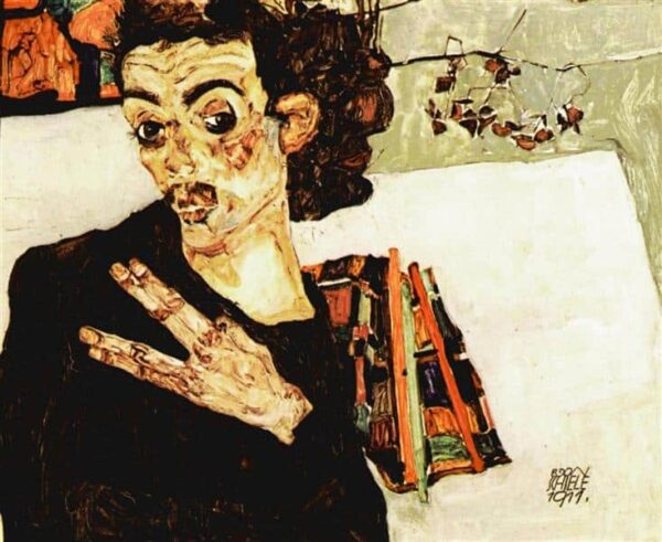 Autoportrait avec un vase noir et des doigts écartés – Egon Schiele Egon Schiele 85x75