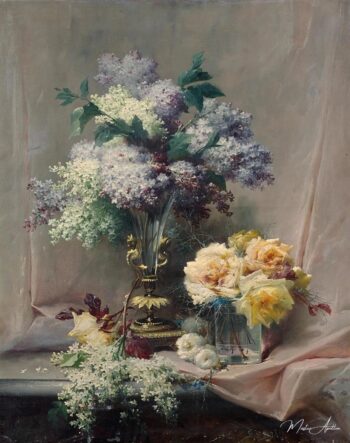 Bouquet de lilas et de roses sur une table – Eugène Bidau Eugène Bidau