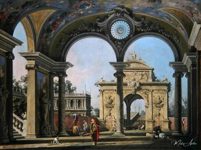 Capriccio d’un arc de triomphe vu à travers une voûte ornée, vers 1750 – Giovanni Antonio Canal Giovanni Antonio Canal