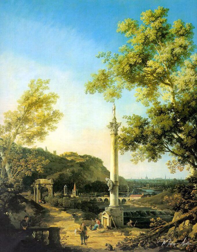 Capriccio : Paysage de rivière avec une colonne – Giovanni Antonio Canal Giovanni Antonio Canal