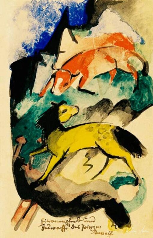 Cheval de citron et boeuf de feu du prince Jussuff (sur la carte postale à des Else élèves de cachot) – Franz Marc Franz Marc