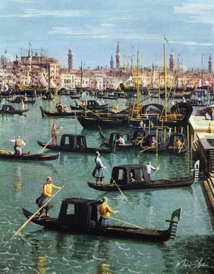 Gondoliers près de l’entrée du Grand Canal et de l’église de Santa Maria della Salute, Venise – Giovanni Antonio Canal Giovanni Antonio Canal