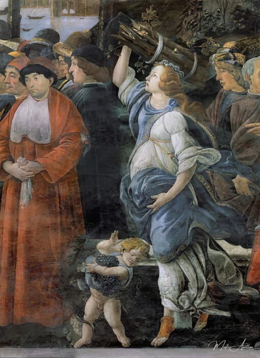La purification du lépreux et la tentation du Christ, dans la chapelle Sixtine : détail de la femme portant du bois et du petit garçon portant des raisins, fresque de 1481 – Sandro Botticelli Sandro Botticelli