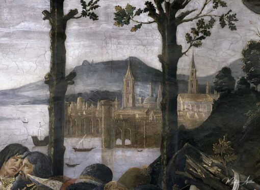 La Purification du lépreux et la Tentation du Christ, dans la Chapelle Sixtine : détail d’une ville portuaire imaginaire dans un paysage, fresque de 1481 de Sandro Botticelli Sandro Botticelli