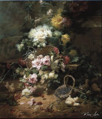 Nature morte avec fleurs et poussins enjoués – Eugène Bidau Eugène Bidau