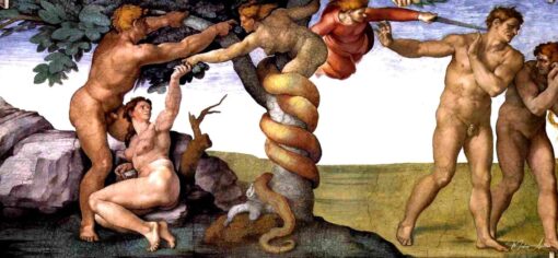 Péché et expulsion du paradis. Peinture de la chapelle Sixtine à Rome – Michel-Ange Michel-Ange