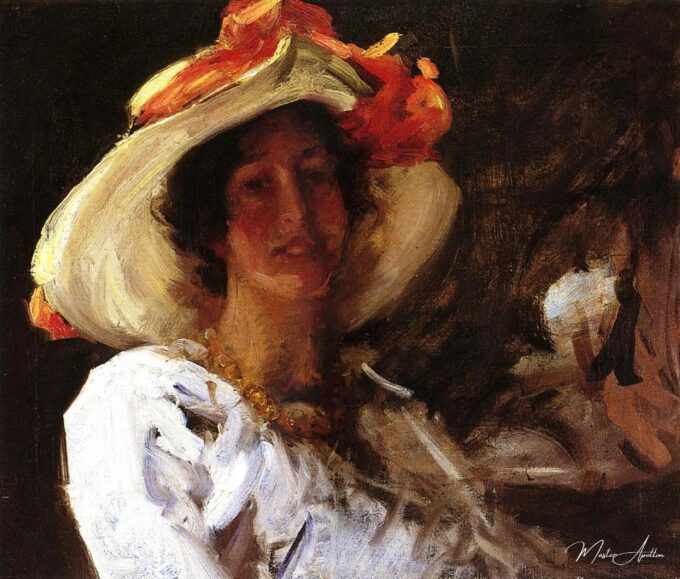 Portrait of Clara Stephens Wearing a Hat with an Orange Ribbon – William Merritt Chase William Merritt Chase