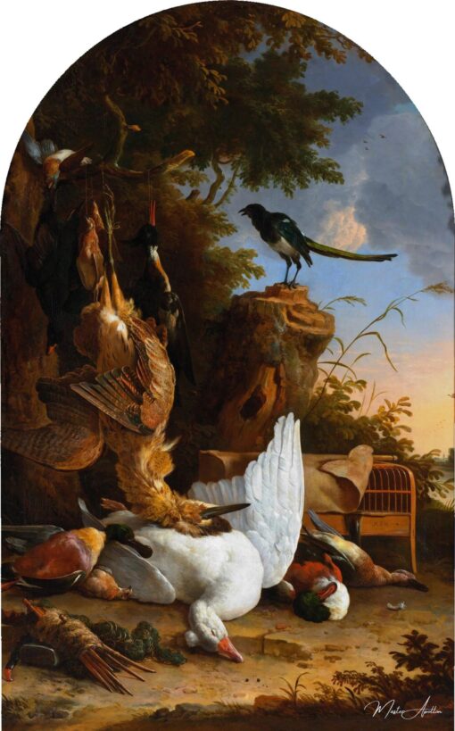 Trophées de chasse à côté d’une pie sur une souche d’arbre – Melchior d’Hondecoeter Melchior d'Hondecoeter