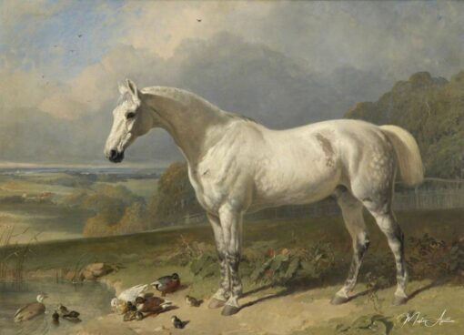 Un cheval gris et des canards dans un paysage – John Frederick Herring Snr John Frederick Herring Sr