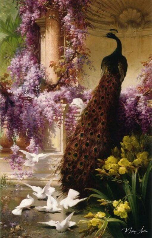 Un paon et des colombes dans un jardin – Eugène Bidau Eugène Bidau