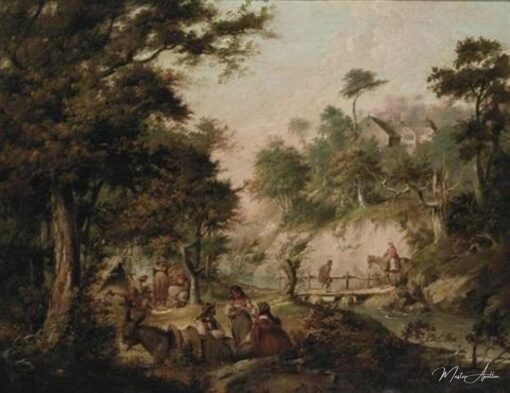 UN PAYSAGE BOISÉ AVEC DES GITANS À L’EXTÉRIEUR D’UNE TENTE, DES PERSONNAGES SUR UN PONT EN BOIS, ET UNE MAISON AU-DELÀ – Nicolas Bernard Lépicié Nicolas Bernard Lépicié
