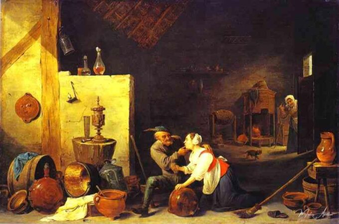 Un vieux paysan caresse une bonne de cuisine dans une étable – David The Younger Teniers David Teniers le Jeune 2